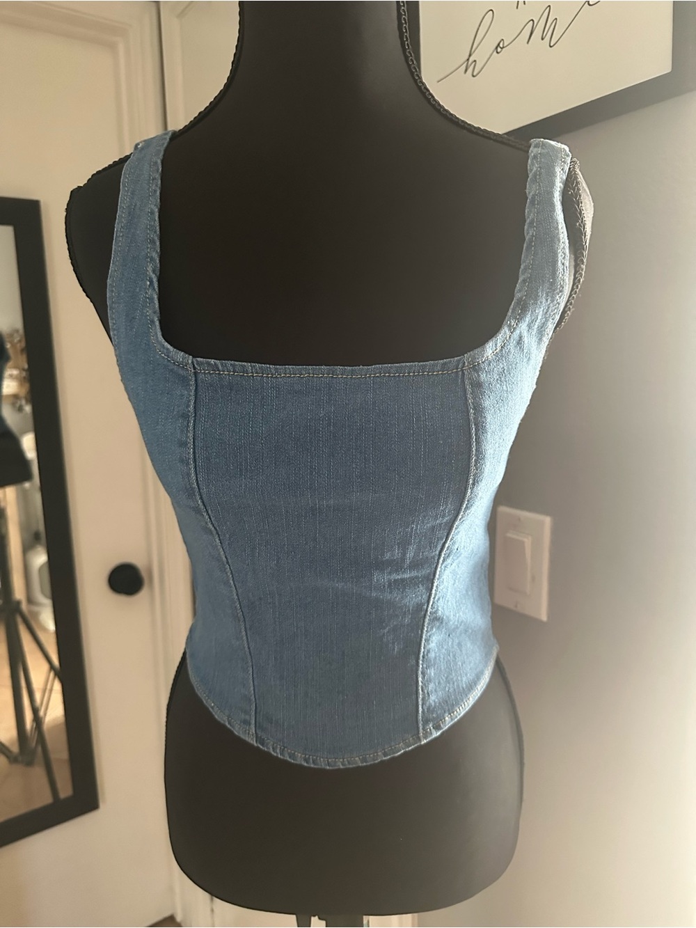 Denim Square-Neck Crop Top - Blue
